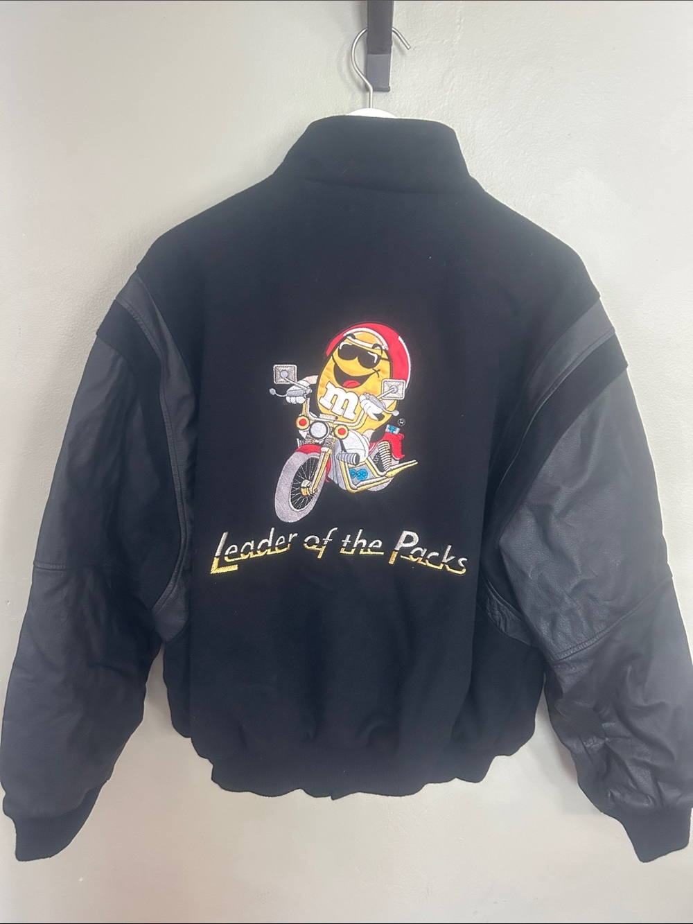 Vintage Black M&M Varsity Bomber Jacket with Colorful Logo